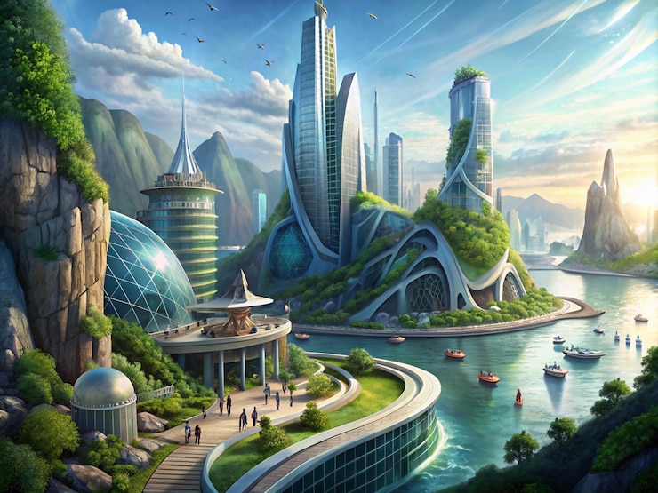 Vector ecofriendly city in future with green buildings