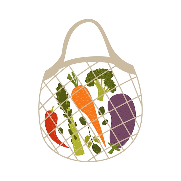 Vector ecofriendly shopping bag with vegetables and fruits mesh bag for ecofriendly shopping