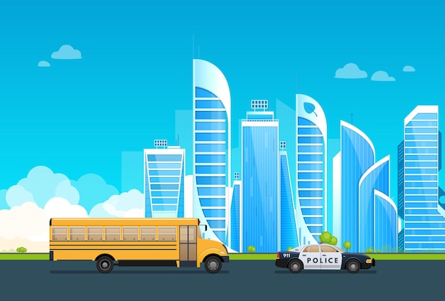 Ecofriendly urban city with transport police car and bus carry group of children to school on road Landscape highrise buildings environment education business skyscrapers vector