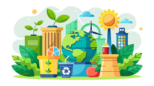 Vector ecofriendly urban landscape with renewable energy and recycling symbols