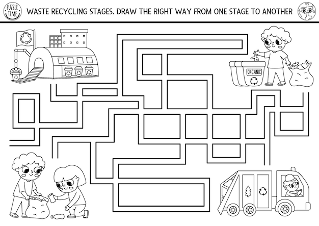 ゴミを分別する子供たちと子供たちのための生態学的白黒迷路アースデーの幼稚園活動エコ意識または廃棄物ゼロの迷路、ゴミリサイクルステージxA