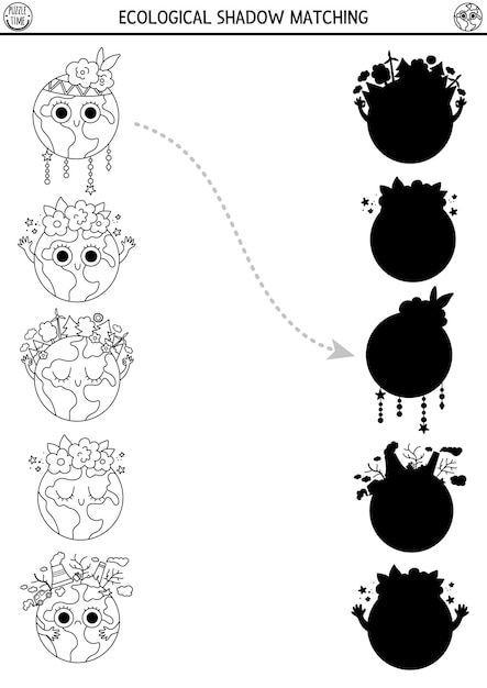 Ecological black and white shadow matching activity with cute planets Earth day puzzle Find correct silhouette printable worksheet or game Eco awareness coloring page for kids xA