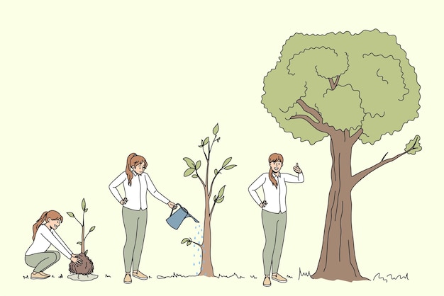 Vector ecological conversation and ecosystem concept. young positive women planting watering and growing trees showing thumbs up sign vector illustration