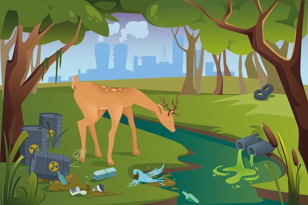 Ecological disaster in forest concept in flat cartoon design woods landscape with toxic waste