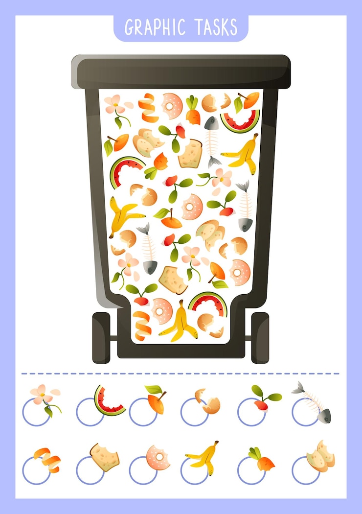 वेक्टर ecological game for kids exercise on searching and counting organic waste in a trash can puzzle