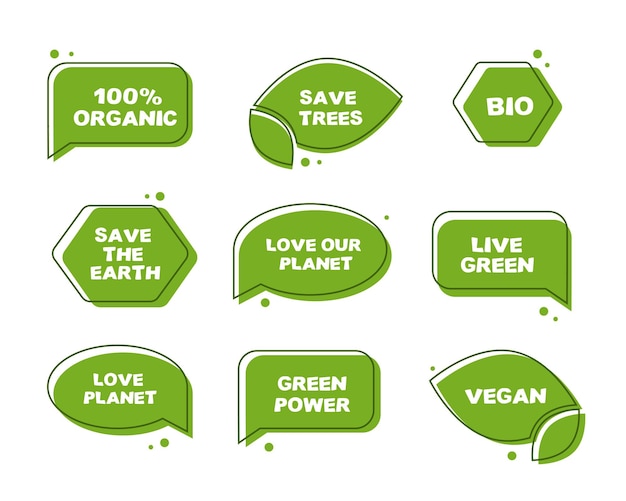 Ecological green stickers. eco illustrations theme of saving the planet.