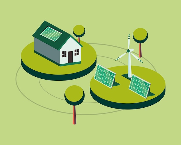 Ecological house with solar panels and wind mill isometric design, Save energy power eco sustainable and environmental theme