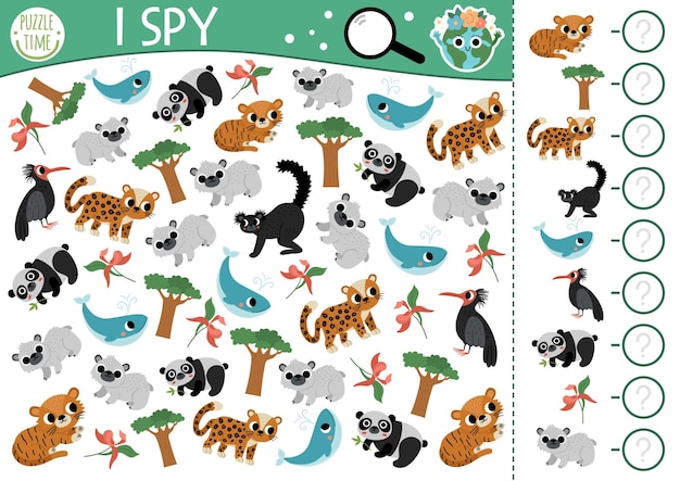 Ecological I spy game for kids Searching and counting activity with extinct animals Earth day printable worksheet for preschool children Simple eco awareness puzzle with endangered animalsxA