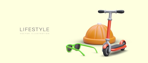 Vector ecological lifestyle 3d scooter sunglasses cool youth cap careful attitude to nature