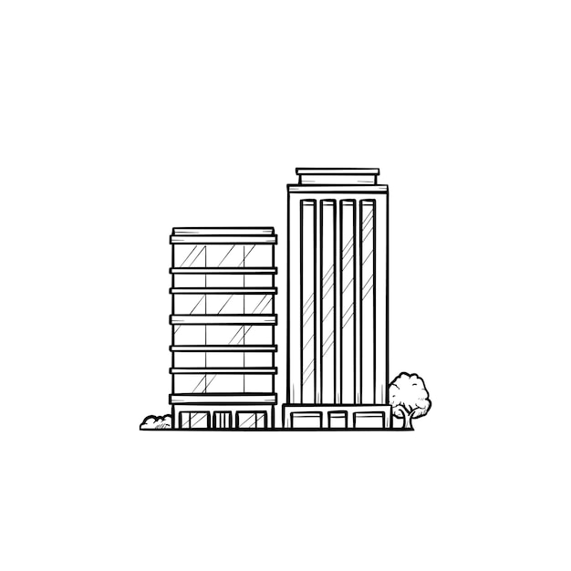 Ecological residential building hand drawn outline doodle icon.\
modern residential condominium with trees around as green housing\
technology and ecologically clean area concept