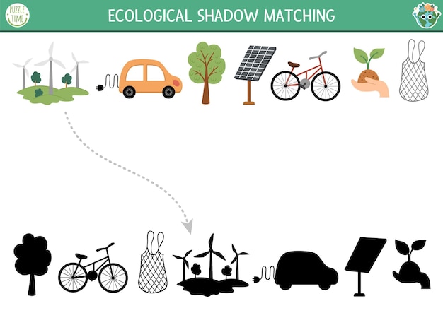 Ecological shadow matching activity with alternative energy sources and transport Earth day puzzle Find correct silhouette printable worksheet or game Eco awareness page for kidsxA