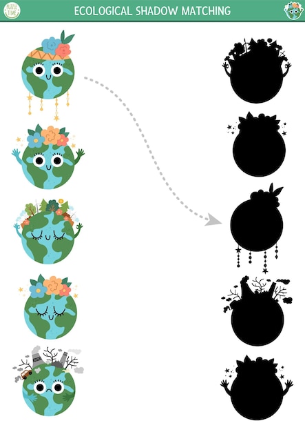 Ecological shadow matching activity with cute planets Earth day puzzle Find correct silhouette printable worksheet or game Eco awareness page for kids with world protection conceptxA