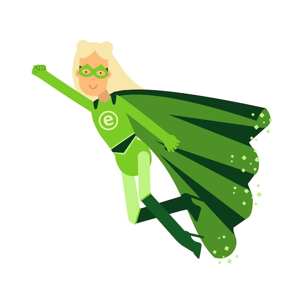 Ecological superhero blonde woman in green costume flying through the air in superhero pose with outstretched hand, eco concept vector Illustration on a white background