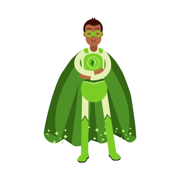 Vector ecological superhero man in green costume standing with folded arms, eco concept vector illustration on a white background