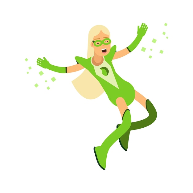 緑の衣装と長いブロンドの髪のジャンプで生態学的なスーパーヒーローの女性、白い背景の上のエココンセプトベクトルイラスト