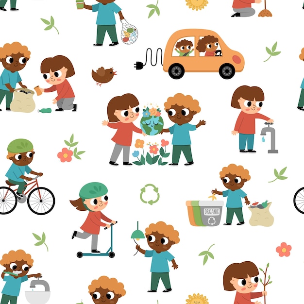 Ecological vector seamless pattern with children Cute eco friendly repeat background