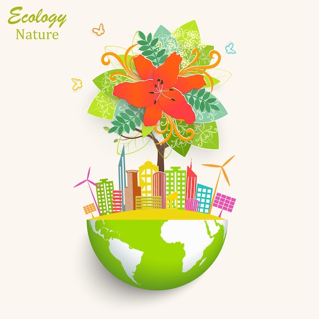 Ecologically clean world city solar panels windmill tree with bright colors on the globe