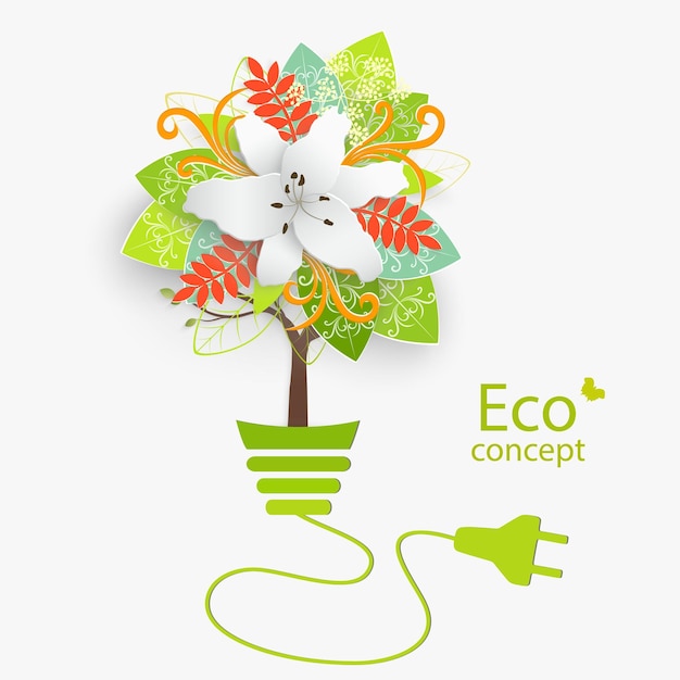 Ecologically clean world A tree with colorful vibrant flowers grows inside a light bulb