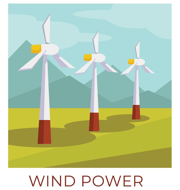 環境にやさしい再生可能で持続可能なエネルギー。風の強いフィールドの風力発電所。天然資源から電気を生成および蓄積するタービン。フラットスタイルイラストのベクトル