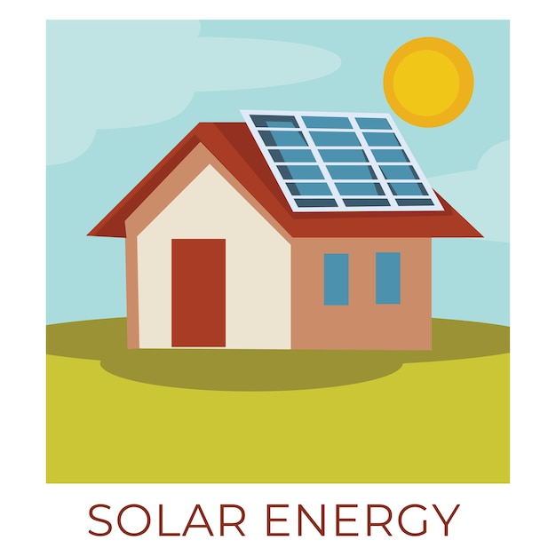 Risorse naturali ecocompatibili e sostenibili. edificio con pannelli solari che accumulano energia solare. batterie ecocompatibili per la generazione di energia ecologica. vettore in stile piatto