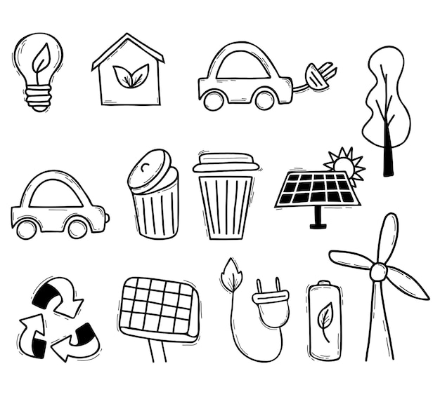 Vector ecologie concept lineaire pictogrammen doodle verminder groen hergebruik afval groene energie ecologische levensstijl