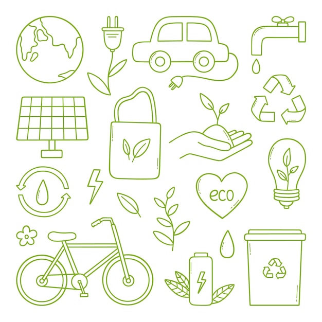 Ecologie doodle set Groene energie natuurbescherming zero waste eco vriendelijk concept