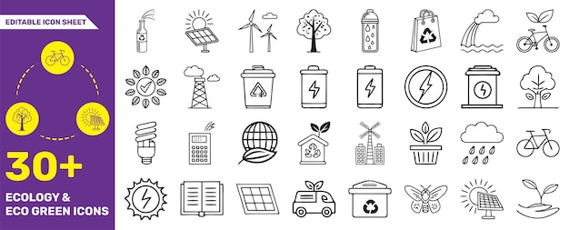 Ecologie en EcoFriendly Icon Set 30 Bewerkbare Groene Energie en Duurzaamheid Vector Iconen