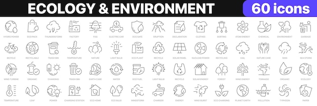 Vector ecologie en milieu lijn iconen collectie eco energie recyclen natuurlijke kracht iconen ui icon set dunne omtrek iconen pack vector illustratie eps10