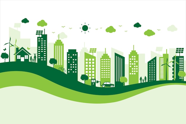 Ecologie en milieu stadsgezicht besparen de wereld energie. ontwikkeling groene stad gebouw landschap.