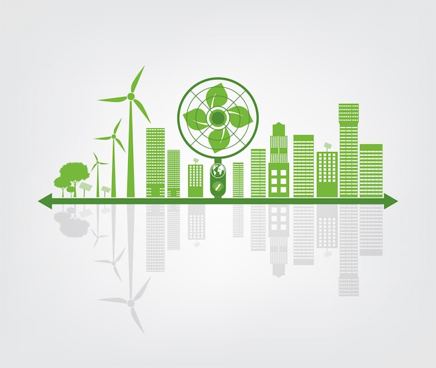 Ecologie en milieuconcept, aardesymbool met groene bladeren rond steden helpen de wereld met milieuvriendelijke ideeën
