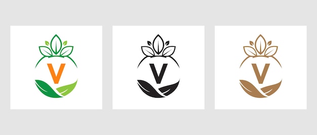 Vector ecologie gezondheid op letter v eco organic logo. gezond biologisch eco vegetarisch voedsel logotype