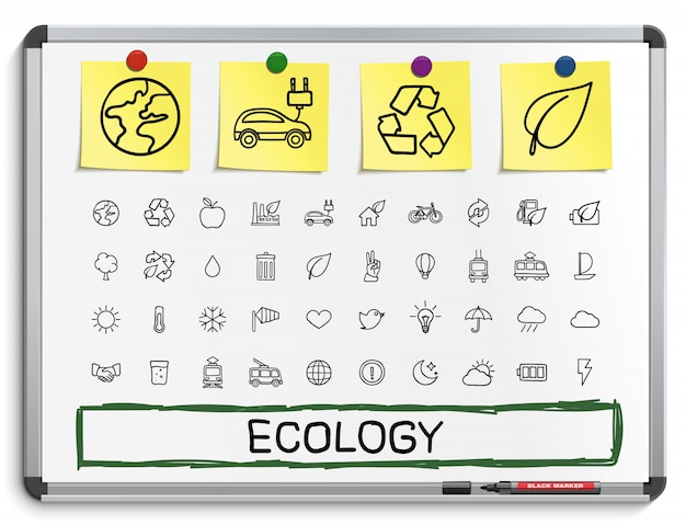 Ecologie hand tekenen lijn pictogrammen. doodle pictogram set. schets teken illustratie op wit marker bord met papieren stickers. energie, milieuvriendelijk, milieu, boom, groen, recyclen, bio, schoon