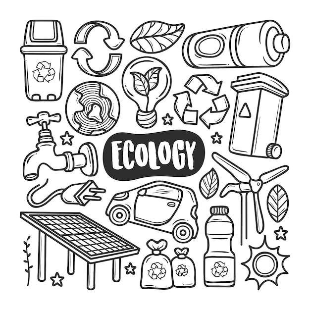 Vector ecologie pictogrammen hand getrokken doodle kleuren