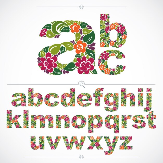 Ecologie stijl bloemrijke lettertype, vector gezet gemaakt met behulp van natuurlijke sieraad. Kleurrijke kleine letters van het alfabet gemaakt met lentebladeren en bloemmotief.