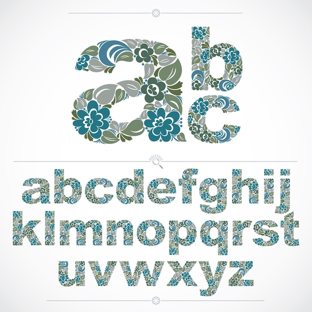 Ecologie stijl bloemrijke lettertype, vector gezet gemaakt met behulp van natuurlijke sieraad. Kleurrijke kleine letters van het alfabet gemaakt met lentebladeren en bloemmotief.