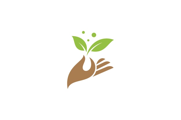 Ecologisch duurzaamheidslogo met hand- en bladsymbool in plat ontwerp