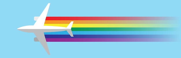 Ecologisch en duurzaam luchtvervoer Vliegtuig met de regenboog gekleurde trail Vector illustratie banner