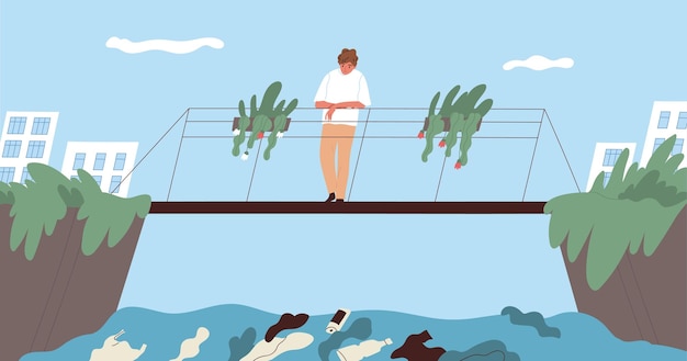 Ecologische catastrofe en waterverontreiniging concept. Jonge man die op de brug in het stadspark staat en kijkt naar vies vervuild water vol plastic afval. Platte vectorillustratie.