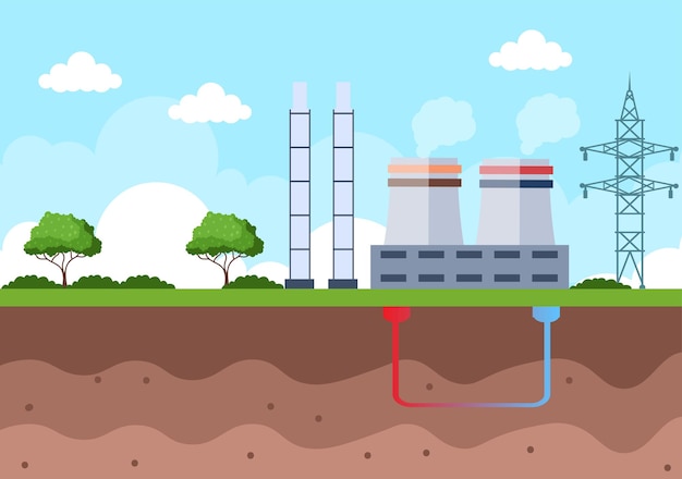 Ecologische duurzame energievoorziening achtergrond Vector vlakke afbeelding elektriciteitscentrale Station gebouwen met zonnepanelen, gas, geothermische, hernieuwbare, water- en windturbines