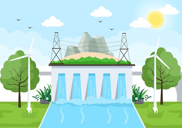 Vector ecologische duurzame energievoorziening achtergrond vector vlakke afbeelding elektriciteitscentrale station gebouwen met zonnepanelen, gas, geothermische, hernieuwbare, water- en windturbines