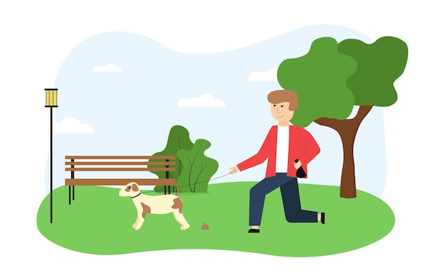 Ecologische illustratie op de afbeelding laat de man de hond uit in het park en verwijdert de afvalproducten van het dier tegen de achtergrond van een boombankstruiklantaarn