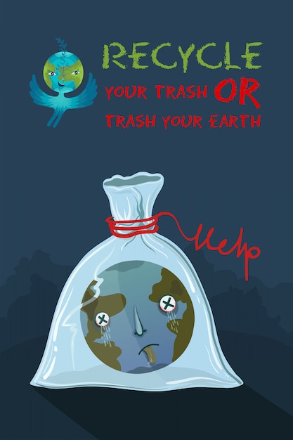 Ecologische illustratie van planeet aarde die in een plastic zak stikte.