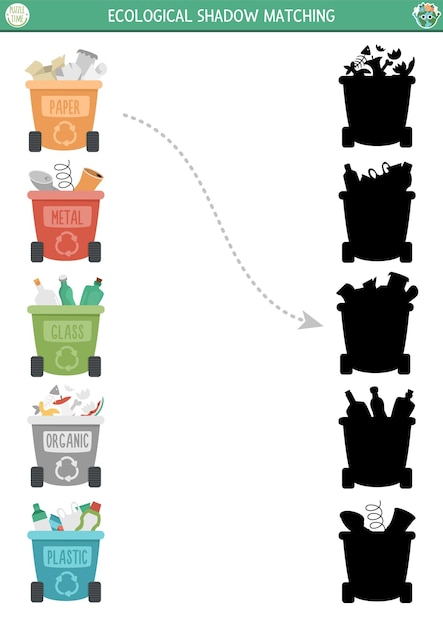 Vector ecologische schaduwaanpassingsactiviteit met concept voor afvalsortering aarddagpuzzel zoek het juiste silhouet afdrukbaar werkblad of spel eco-bewustzijnspagina voor kinderen met vuilnisbakkenxa