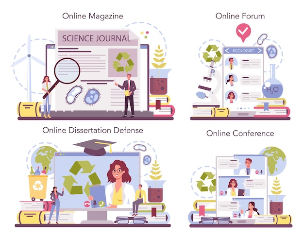 Servizio online ecologista o set di piattaforme. scienziato che si prende cura della natura e studia l'ambiente ecologico.