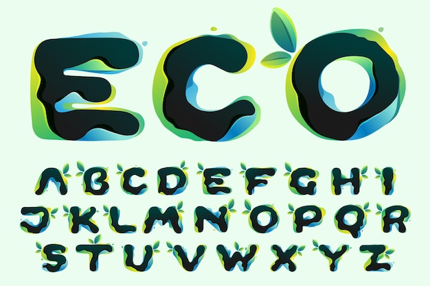 ホログラムグリッチスタイルの緑の葉とエコロジーアルファベット環境にやさしいイラスト