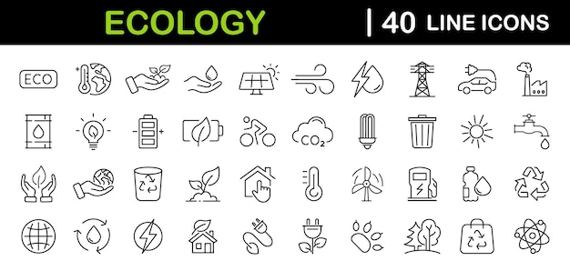 벡터 생태 및 환경: 라인 스타일의 웹 아이콘 세트 생태 및 에너지 아이콘 친환경 전기 자동차 지구 온난화 재생 가능한 에너지 유기 농업 터 일러스트레이션