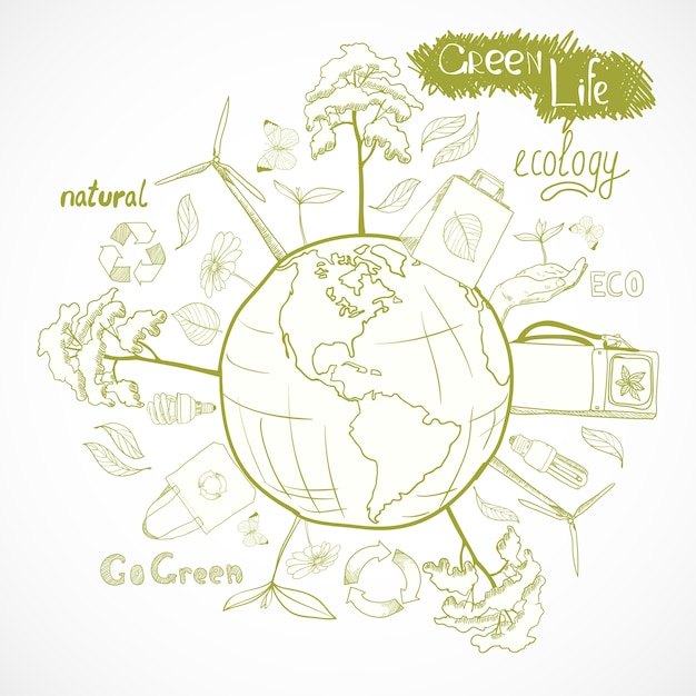 ベクトル ecology background with hand-drawn elements