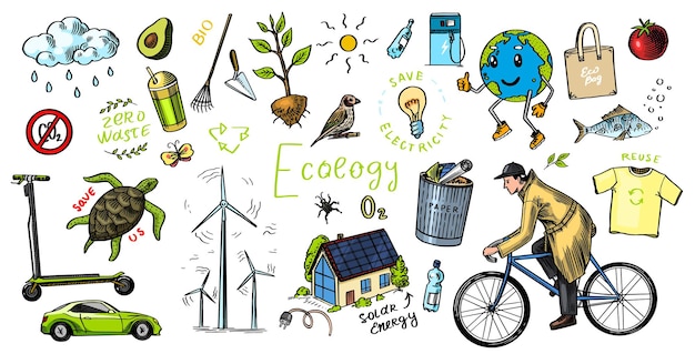 Vector ecology background zero waste hand drawn eco transport bio waste sorting and recycling windmills and