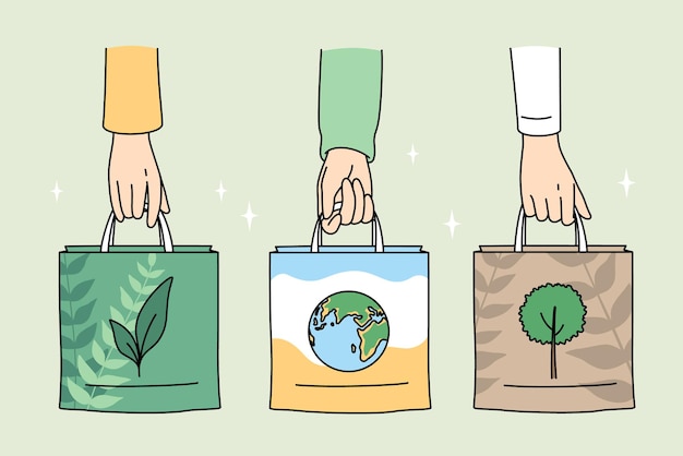 Ecology care and ecofriendly things concept human hands holding ecofriendly bags with pictures