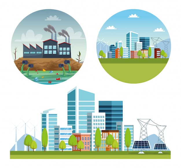 Ecology city and industry pollution scenes